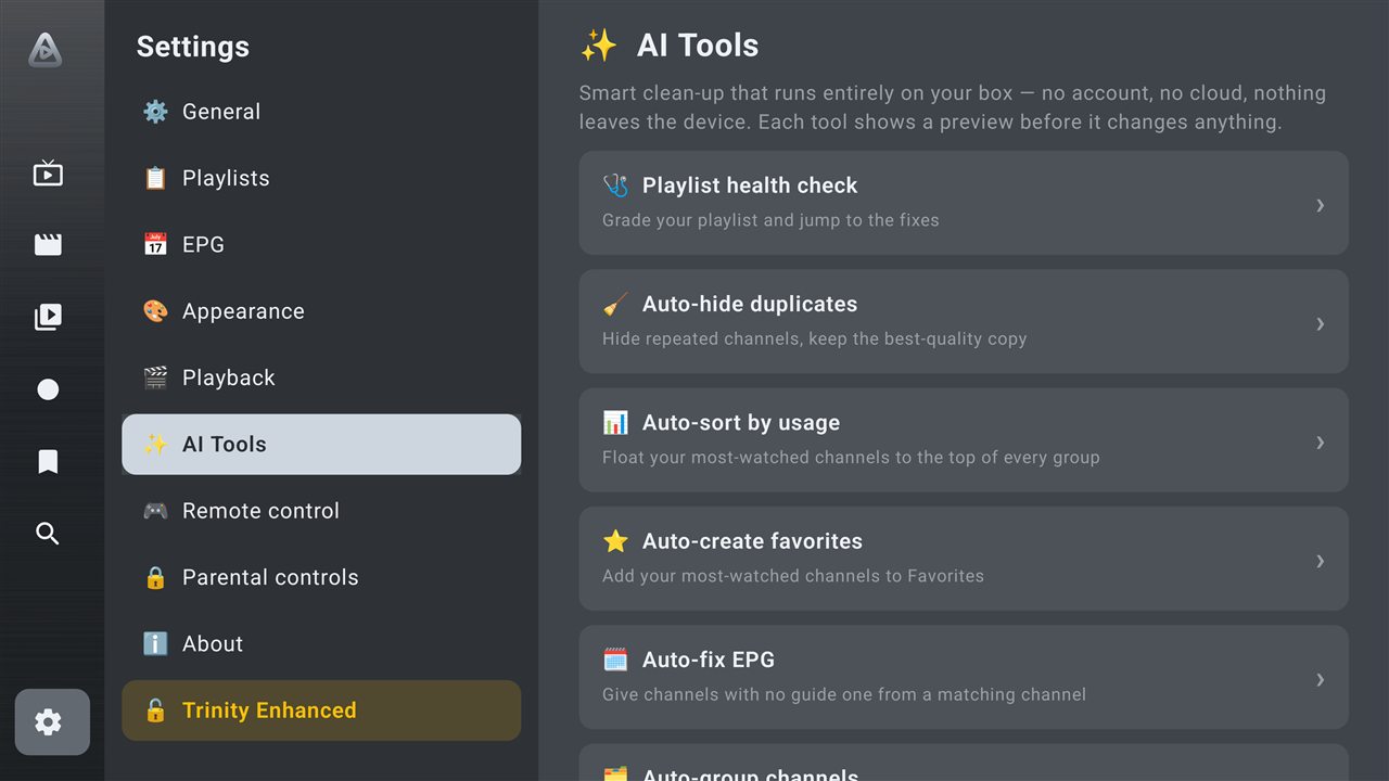 Trinity AI Tools — on-device clean-up