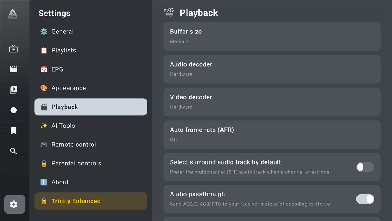 Trinity playback settings